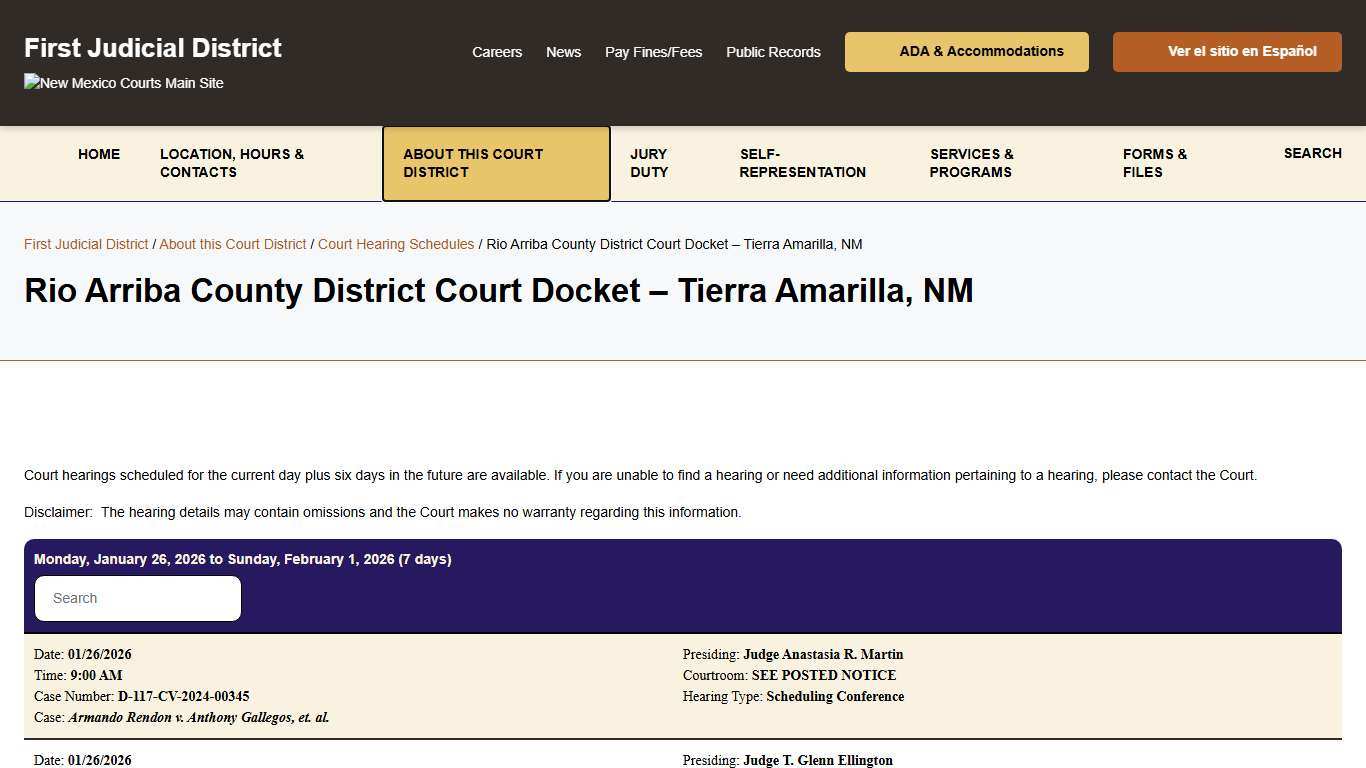 Rio Arriba County District Court Docket - Tierra Amarilla, NM - First Judicial District