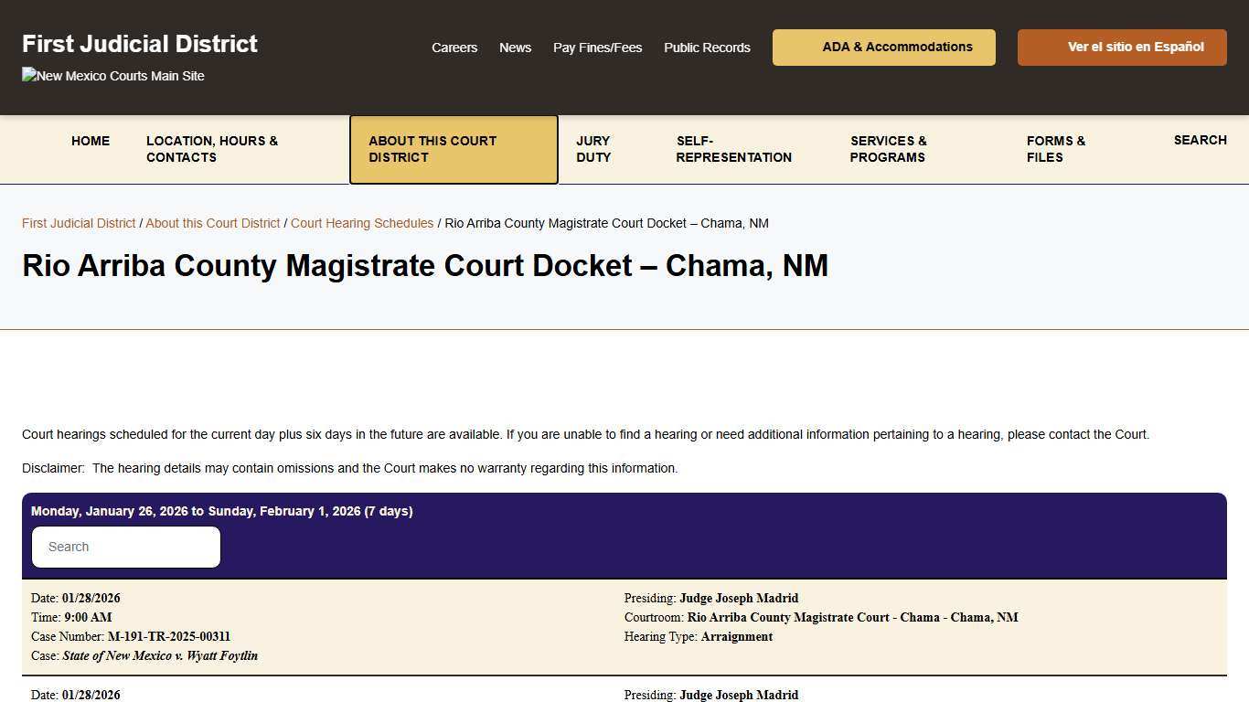 Rio Arriba County Magistrate Court Docket - Chama, NM - First Judicial District